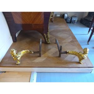 Pair Of Napoleon III Period Andirons In Gilded Bronze
